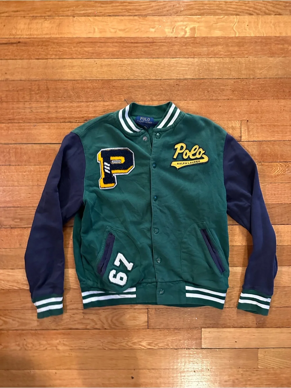 Ralph Lauren Boys Varsity Cotton Terry Letterman Jacket Size 10-12 Medium Polo